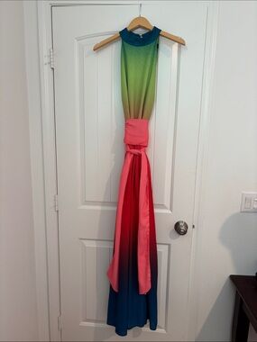 New York & Company Ombre Maxi Skirt with Pink Sash and Teal Waist